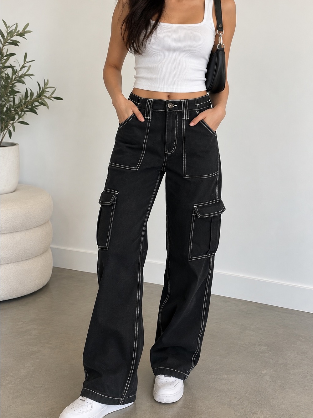 Ardene Y2K Black Contrast Stitch Cargo Utility Pants fallwear